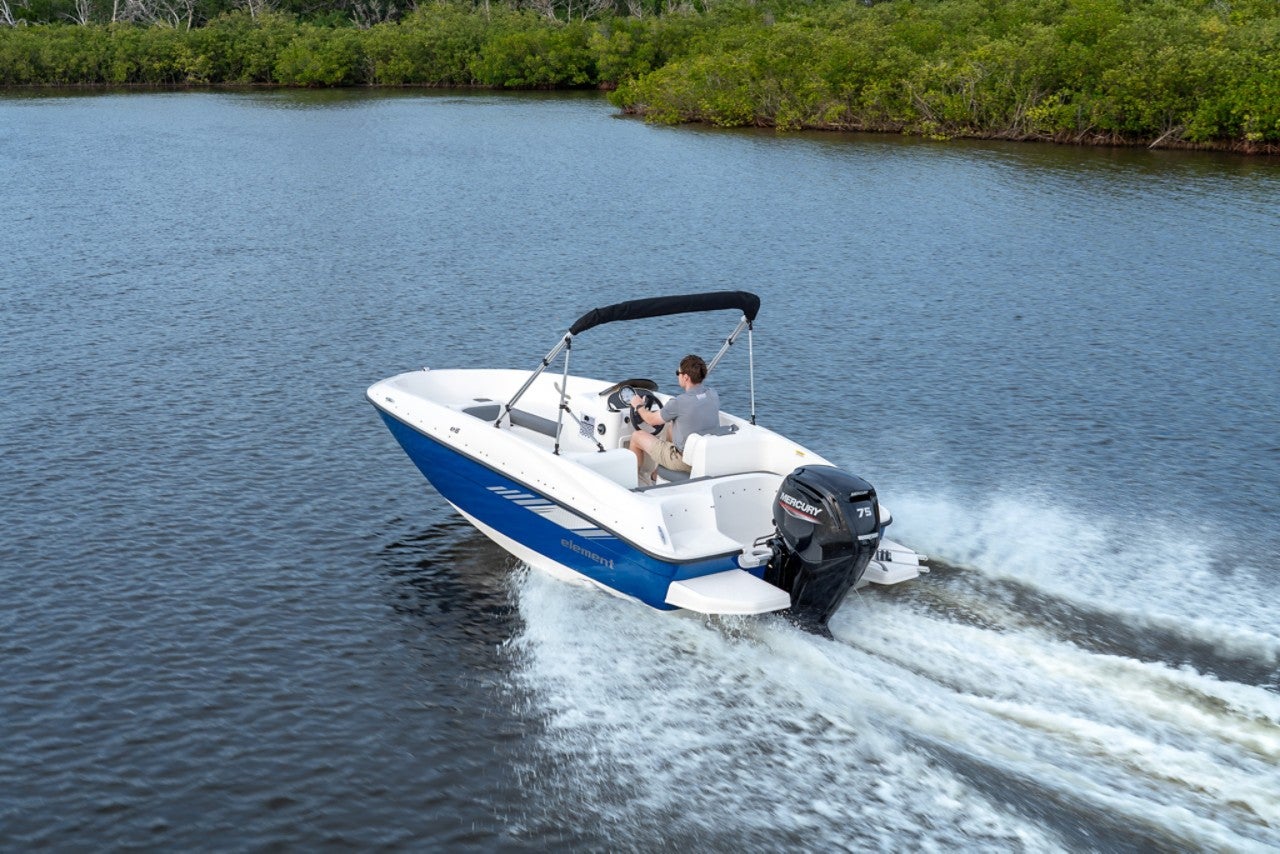 rear view of a running Element E16 deck boat
