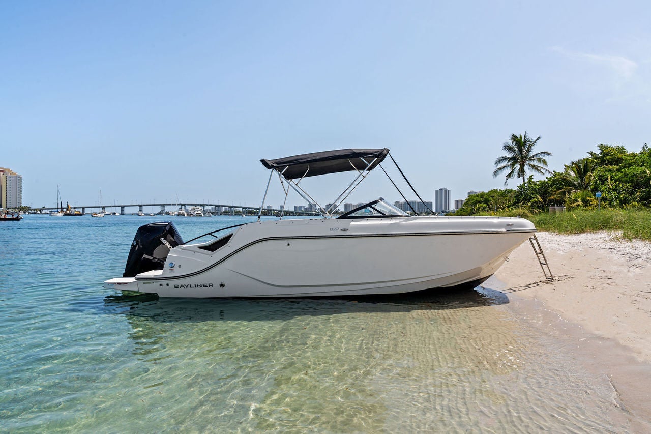 Bayliner D22 deck boat beached on the shore featuring the bimini