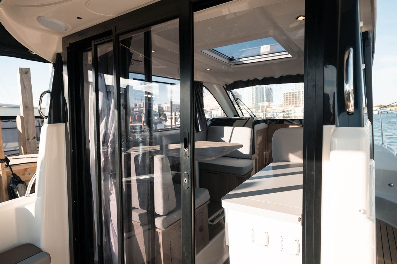 sliding door on the Trophy T29 Explorer overnight boat