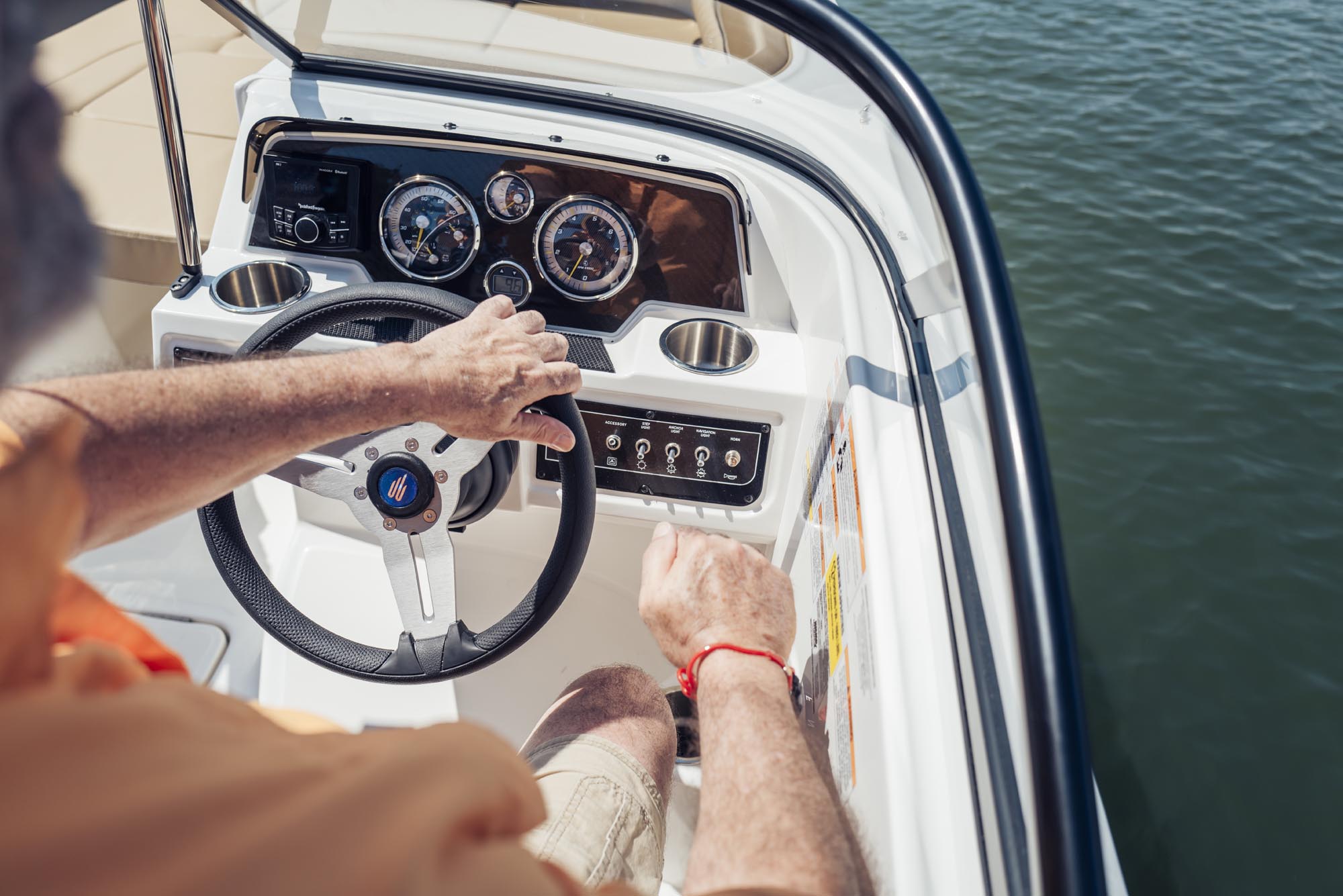 helm on the D22 deck boat